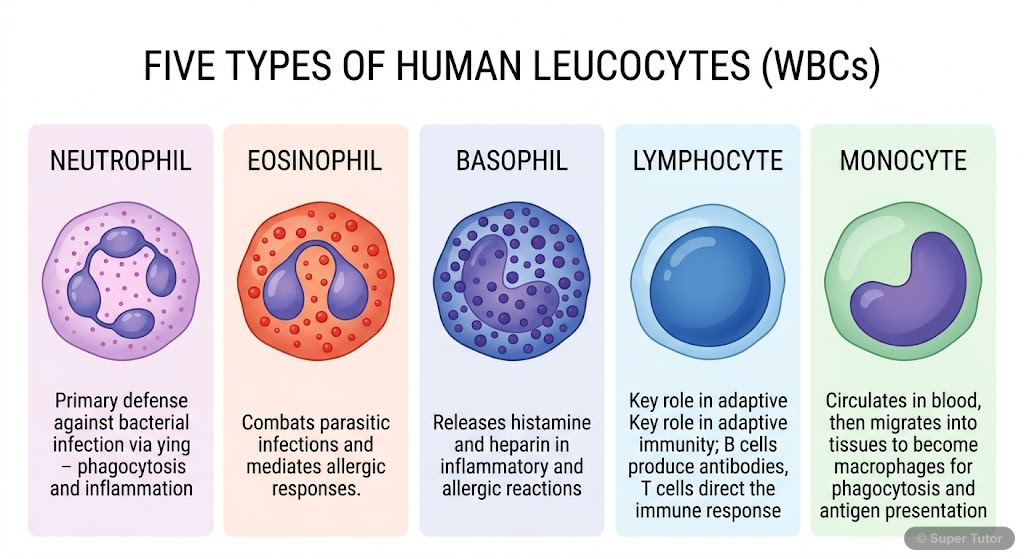 Types of Leucocytes (WBCs) and Their Functions A labeled diagram showing the five types of leucocytes (Neutrophil, Eosinophil, Basophil, Lymphocyte, Monocyte), illustrating their distinct nuclear shapes and cytoplasmic granules (where applicable),