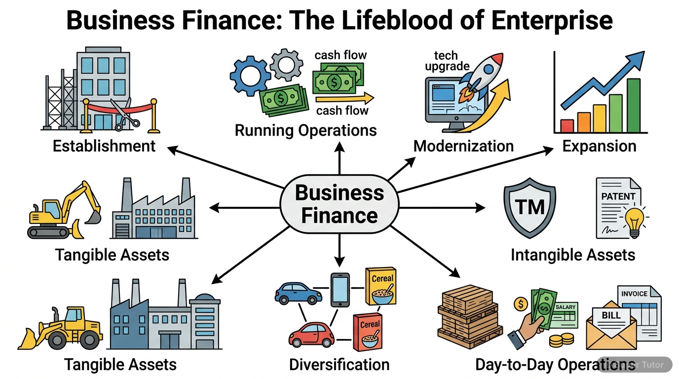An infographic illustrating the meaning and various uses of business finance, showing how it's needed for establishment, running, modernization, expansion, and diversification, and for both tangible a