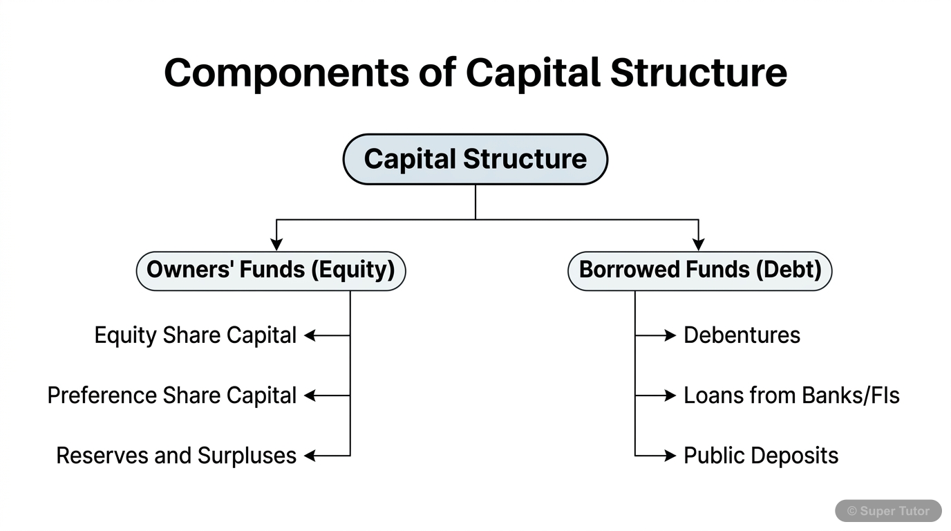 A diagram illustrating the two main components of capital structure: Owners' Funds (equity share capital, preference share capital, reserves & surpluses) and Borrowed Funds (debentures, loans, public 