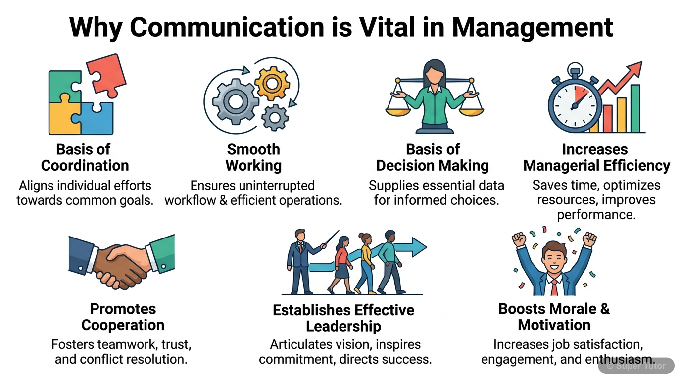 Importance of Communication in Management An infographic highlighting the critical importance of communication in management, such as acting as a basis of coordination, smooth working, decision making, managerial efficiency, promoting coopera