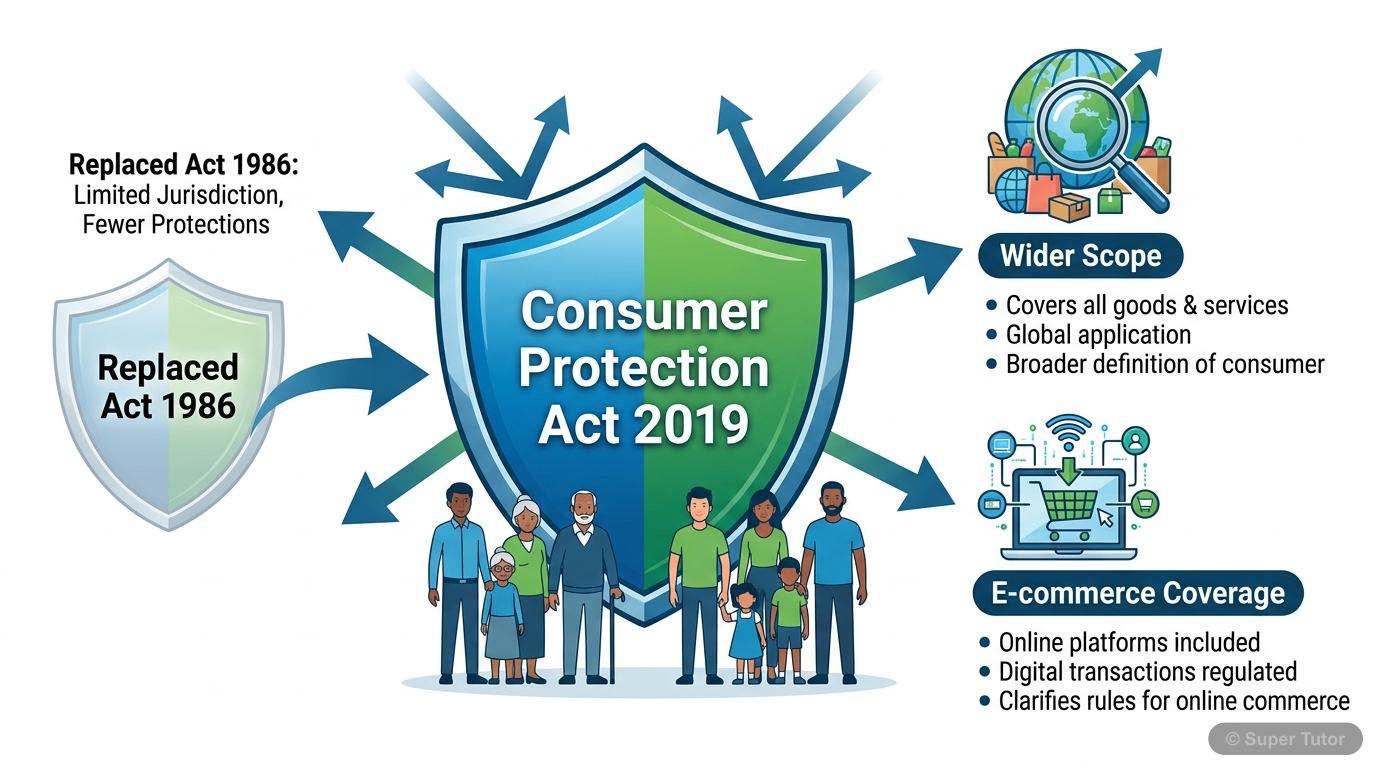 An infographic illustrating the key aspects of the Consumer Protection Act 2019, including its scope, objectives, and replacement of the 1986 Act.