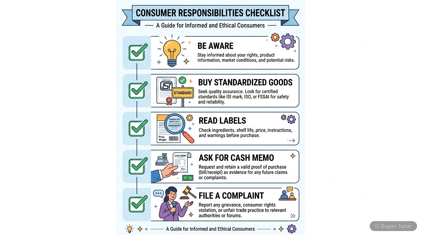 An infographic presenting a checklist of key responsibilities consumers should uphold while purchasing, using, and consuming goods and services.