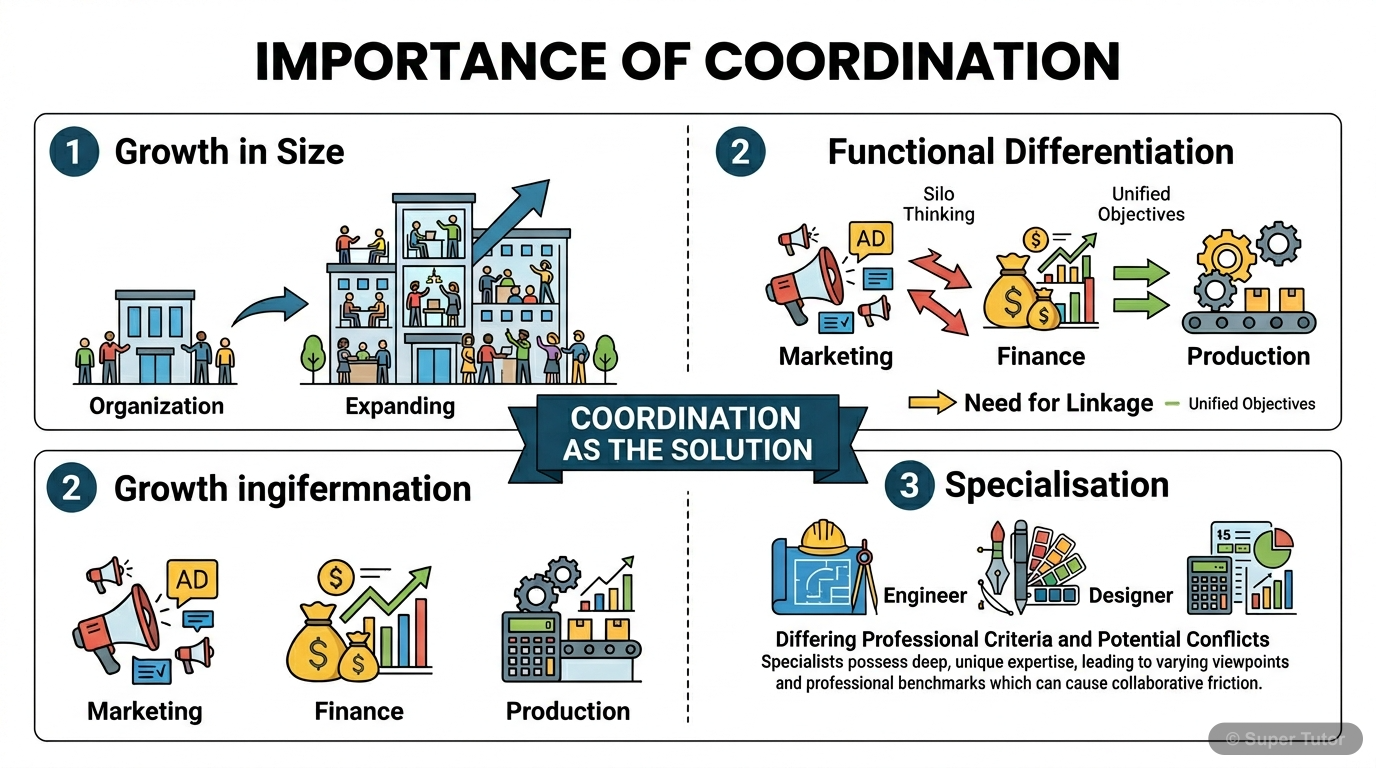 Importance of Coordination An infographic explaining the key reasons for the importance of coordination in an organization: growth in size, functional differentiation, and specialization.