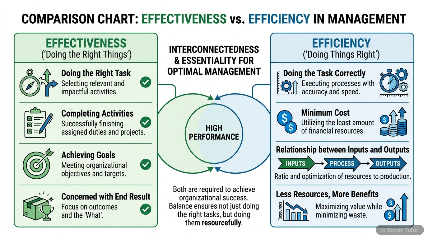 Effectiveness vs. Efficiency in Management A comparison chart illustrating the differences and relationship between effectiveness (doing the right tasks, achieving goals) and efficiency (doing tasks correctly with minimum cost) in management,