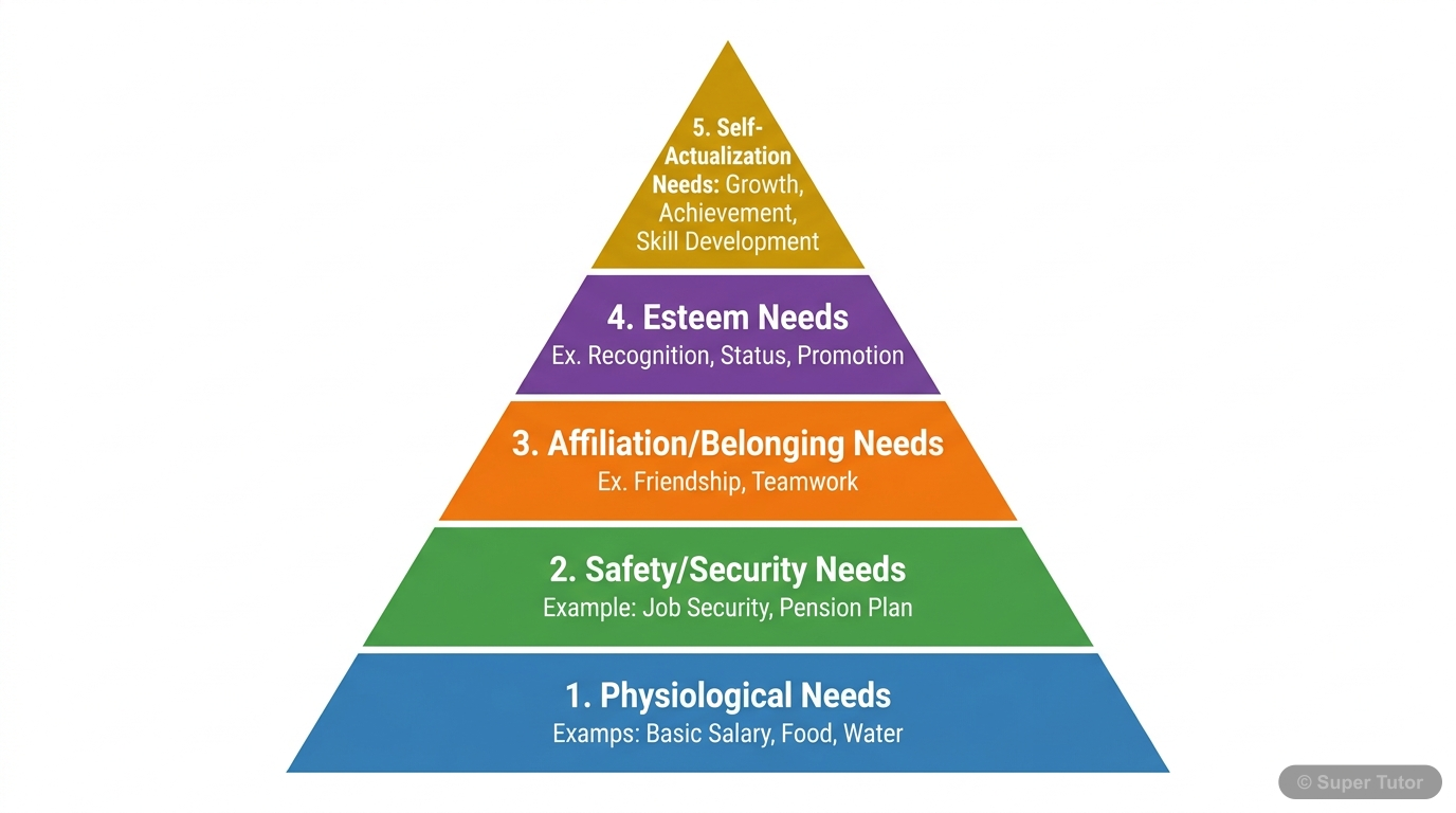 Maslow's Hierarchy of Needs A pyramid diagram illustrating Maslow's five-tier hierarchy of human needs: Physiological, Safety, Affiliation/Belonging, Esteem, and Self-Actualization, with examples for each level in an organizatio