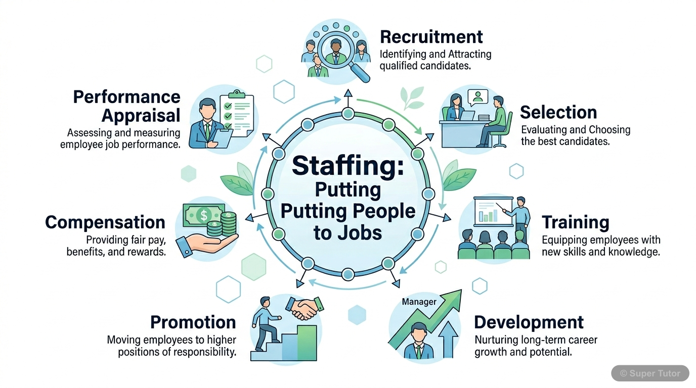 An infographic defining staffing as the managerial function of filling and keeping filled positions in an organization, encompassing recruitment, selection, training, development, promotion, compensat