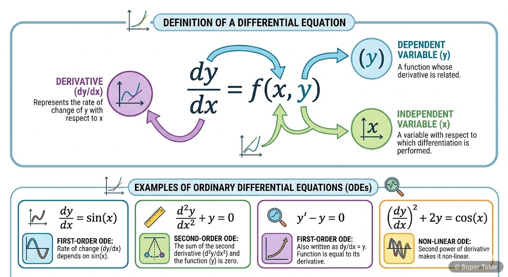 A diagram illustrating the components of a differential equation, showing independent variable, dependent variable, and derivatives. Examples of Ordinary Differential Equations (ODEs) are included.