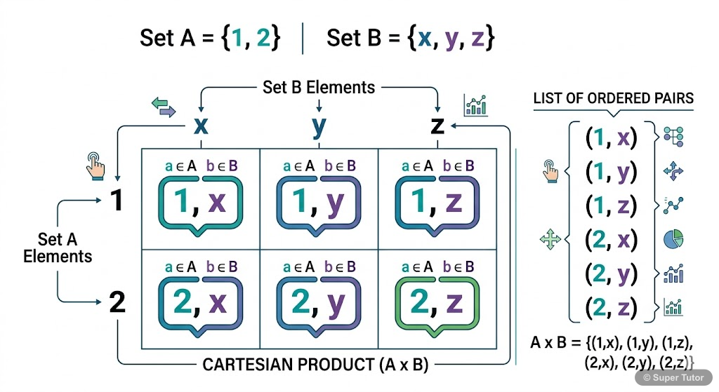 A visual representation of the Cartesian product A × B using a grid or mapping diagram, showing how ordered pairs are formed.