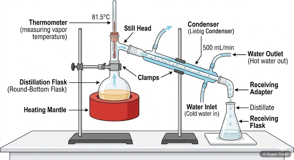 A labeled diagram of a simple distillation apparatus used for separating liquids with significantly different boiling points or non-volatile solutes from volatile solvents.