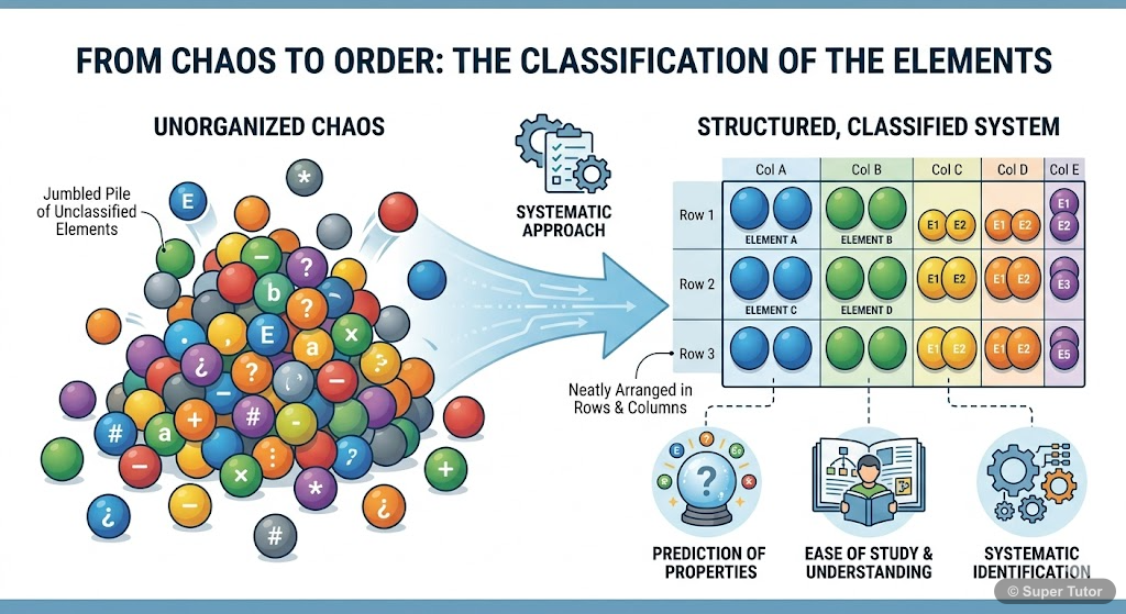 An infographic explaining the historical need and benefits of classifying elements, such as ease of study, prediction of properties, and systematic organization.