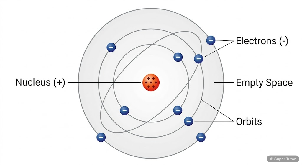An illustration of Rutherford's atomic model, showing a dense, positively charged nucleus at the center and electrons revolving around it in orbits, with most of the atom being empty space.