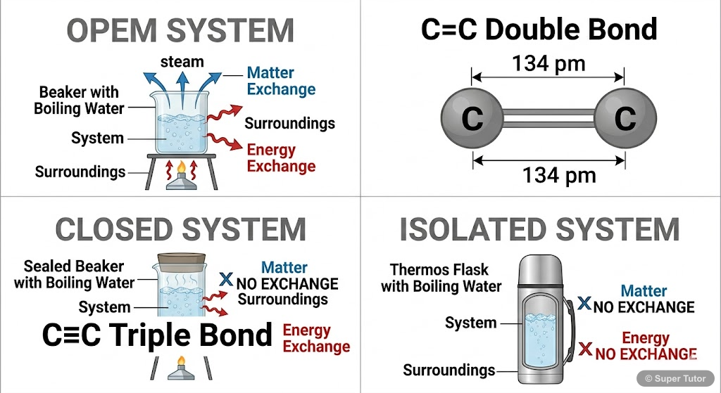 A diagram illustrating the three types of thermodynamic systems: open, closed, and isolated, showing the exchange of matter and energy with the surroundings.