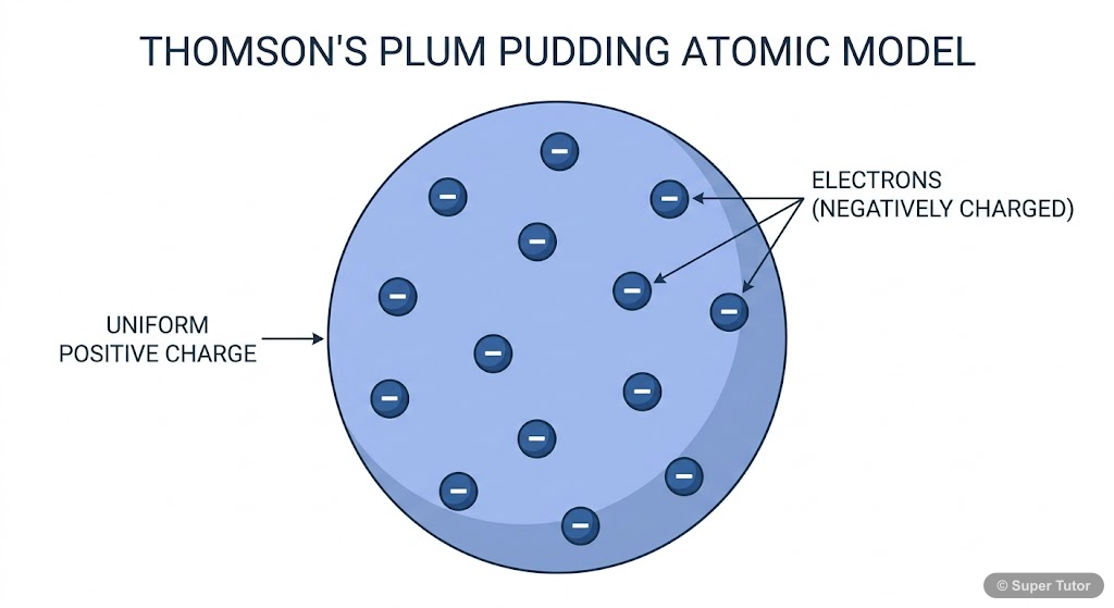 An illustration of J.J. Thomson's atomic model, depicting an atom as a sphere of uniformly distributed positive charge with electrons (plums) embedded within it.