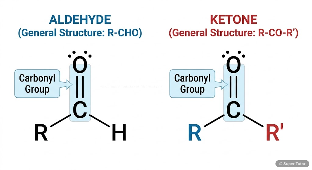 A diagram illustrating the general structure of the carbonyl group (C=O) and how it is incorporated into aldehydes, ketones, and carboxylic acids, highlighting the carbon-oxygen double bond.