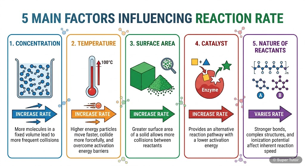 An infographic illustrating the key factors that influence the rate of a chemical reaction, such as concentration, temperature, surface area, catalyst, and nature of reactants.