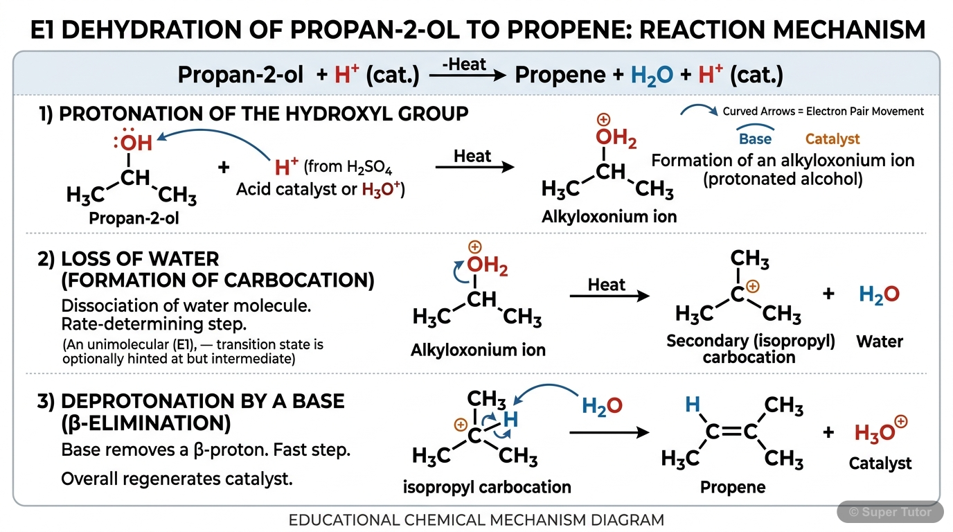 Mechanism of Alcohol Dehydration (E1) A step-by-step mechanism showing the E1 dehydration of a secondary alcohol (e.g., propan-2-ol) to an alkene, including protonation, loss of water to form a carbocation, and deprotonation.