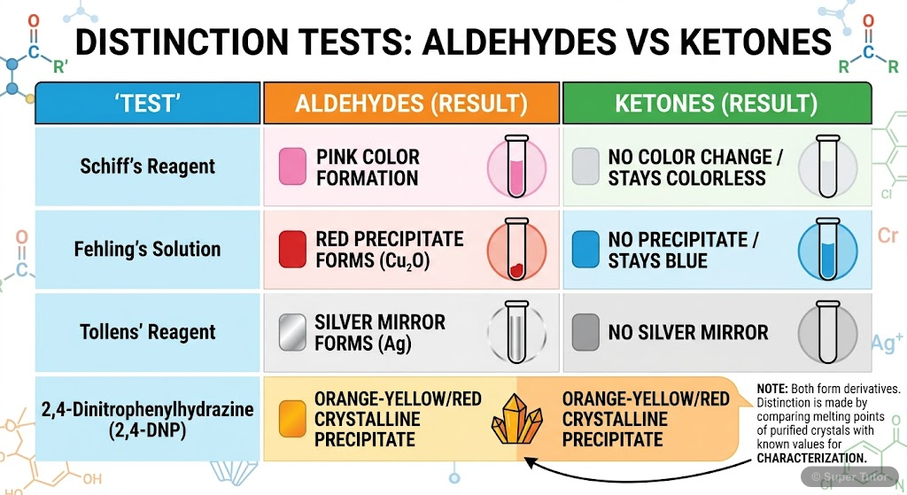 A comparison chart summarizing the results of common chemical tests (Schiff's, Fehling's, Tollens', 2,4-DNP) used to distinguish between aldehydes and ketones.