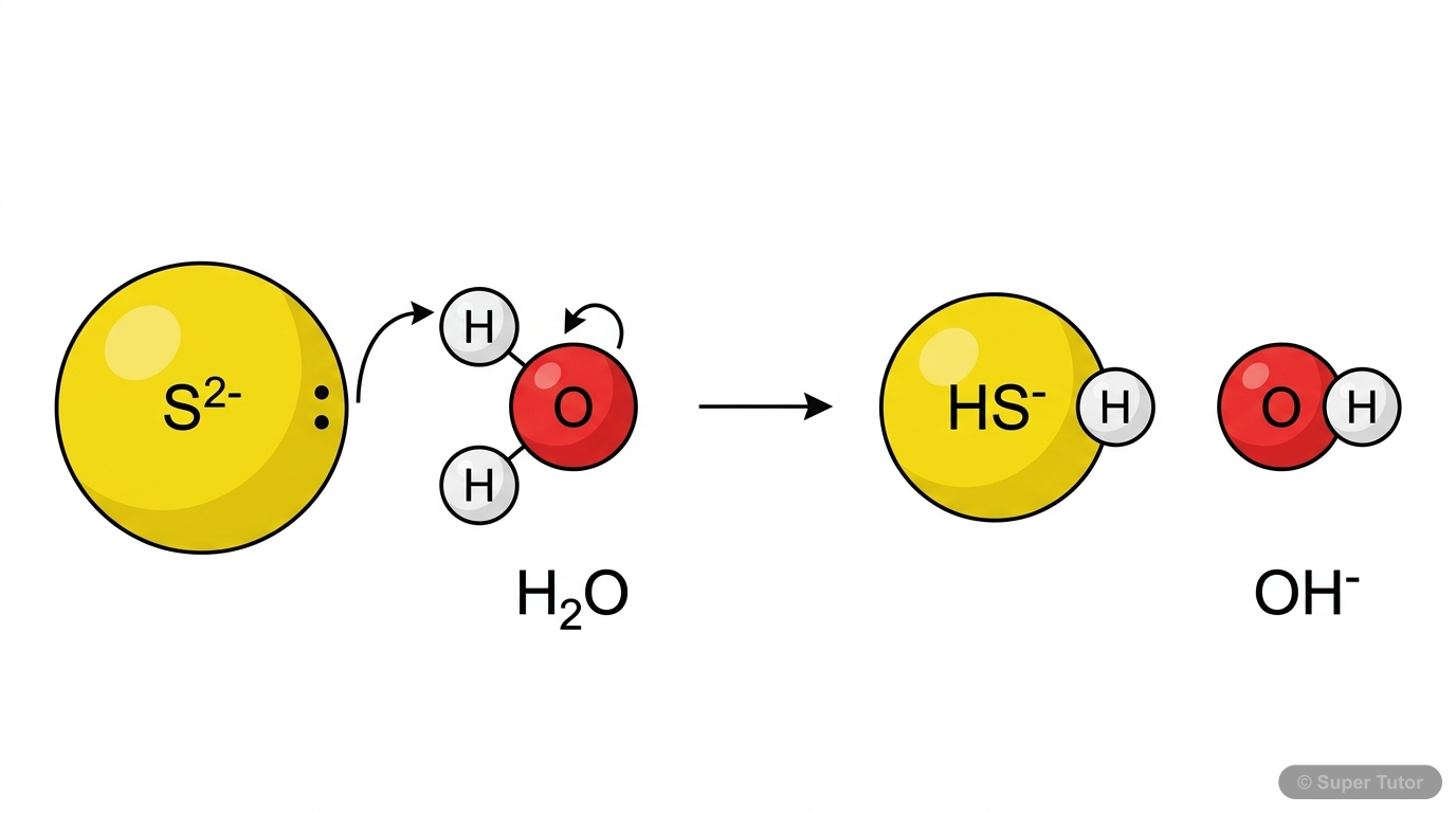 A molecular-level diagram illustrating the hydrolysis of a sulphide ion (S²⁻) in water, showing the formation of hydrosulphide (HS⁻) and hydroxide (OH⁻) ions, explaining the alkaline nature of the sol