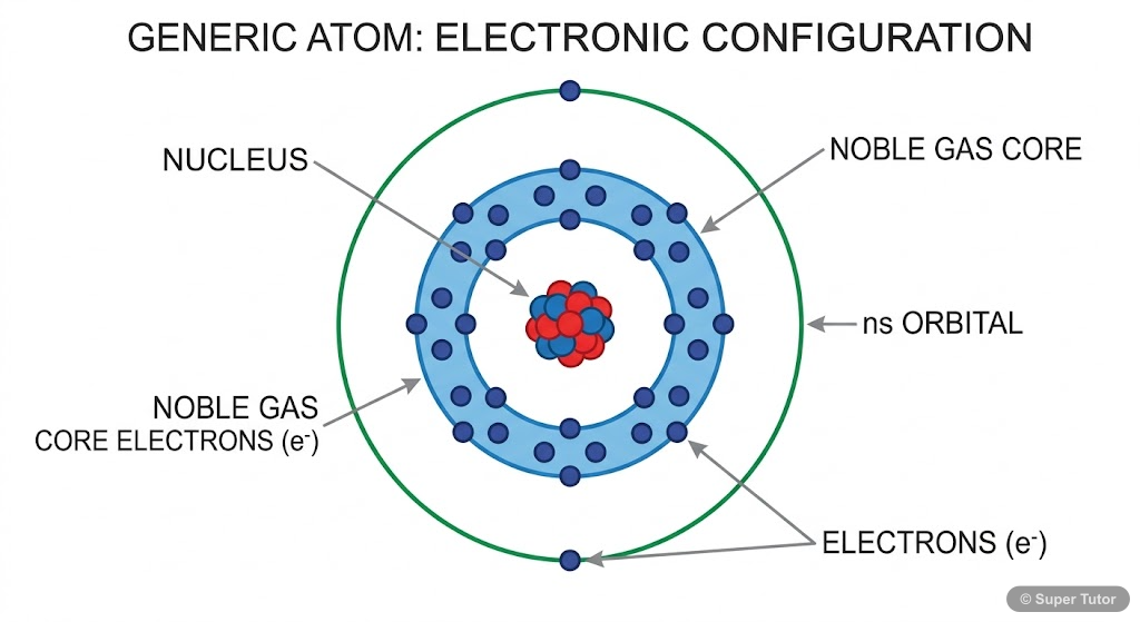 A diagram illustrating the general electronic configuration of Group 2 elements, showing a noble gas core and two valence electrons in the outermost 'ns' orbital.