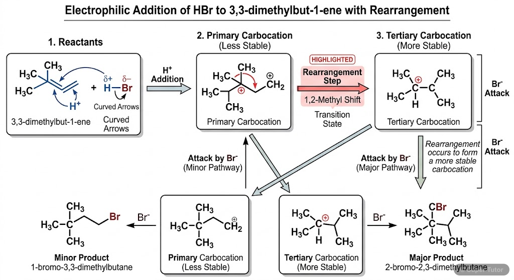 A detailed reaction mechanism flowchart illustrating the electrophilic addition of HBr to 3,3-dimethylbut-1-ene, showing the formation of a primary carbocation, followed by a 1,2-methyl shift (rearran