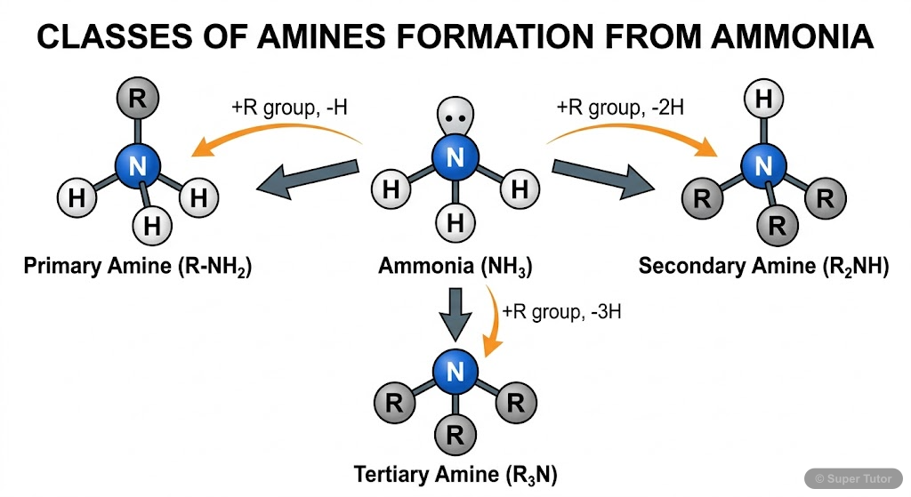 A diagram showing ammonia (NH3) and how replacing one, two, or three hydrogen atoms with alkyl (R) or aryl (Ar) groups forms primary, secondary, and tertiary amines, respectively. Illustrates the gene