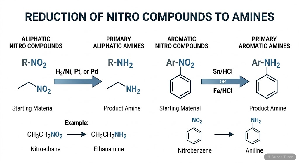 A flowchart showing the reduction of nitro compounds (aliphatic and aromatic) to primary amines using various reducing agents like H2/Ni, Pt, Pd or Sn/HCl, Fe/HCl.