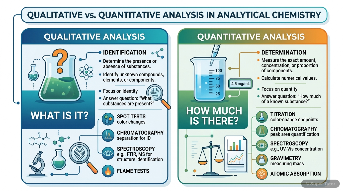 An infographic comparing qualitative and quantitative analysis in analytical chemistry, highlighting their definitions, goals, and typical methods.