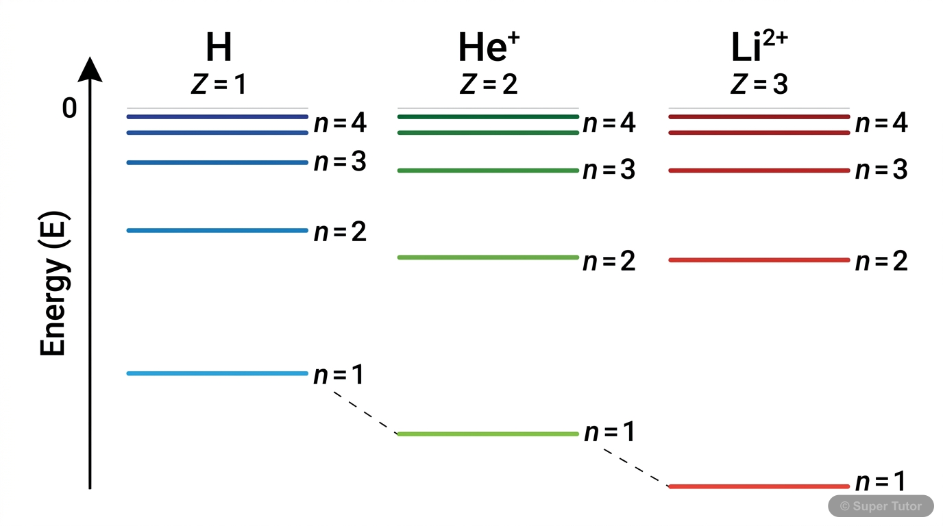 A diagram illustrating the energy levels for hydrogen-like ions (e.g., Li2+, He+), showing how energy is proportional to Z^2/n^2. It should visually compare the energy levels of H, He+, and Li2+ for t