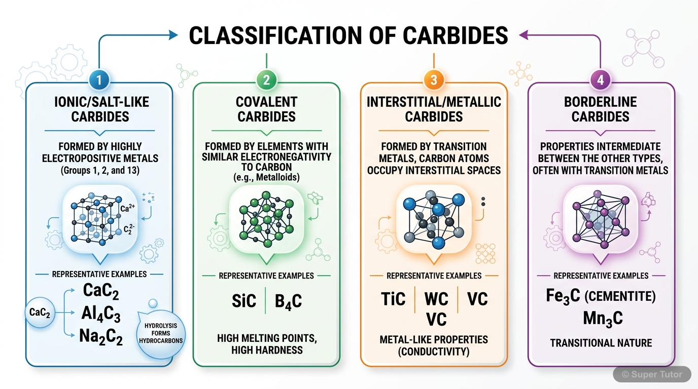 An infographic classifying carbides into Ionic/Salt-like, Covalent, Interstitial/Metallic, and Borderline carbides, with key characteristics and examples for each type.