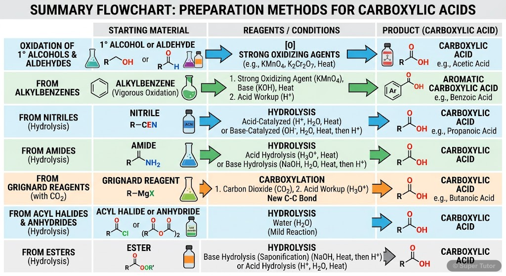Summary of Carboxylic Acid Preparation Methods A flowchart summarizing the key methods for preparing carboxylic acids, showing starting materials, reagents, and products for each reaction.
