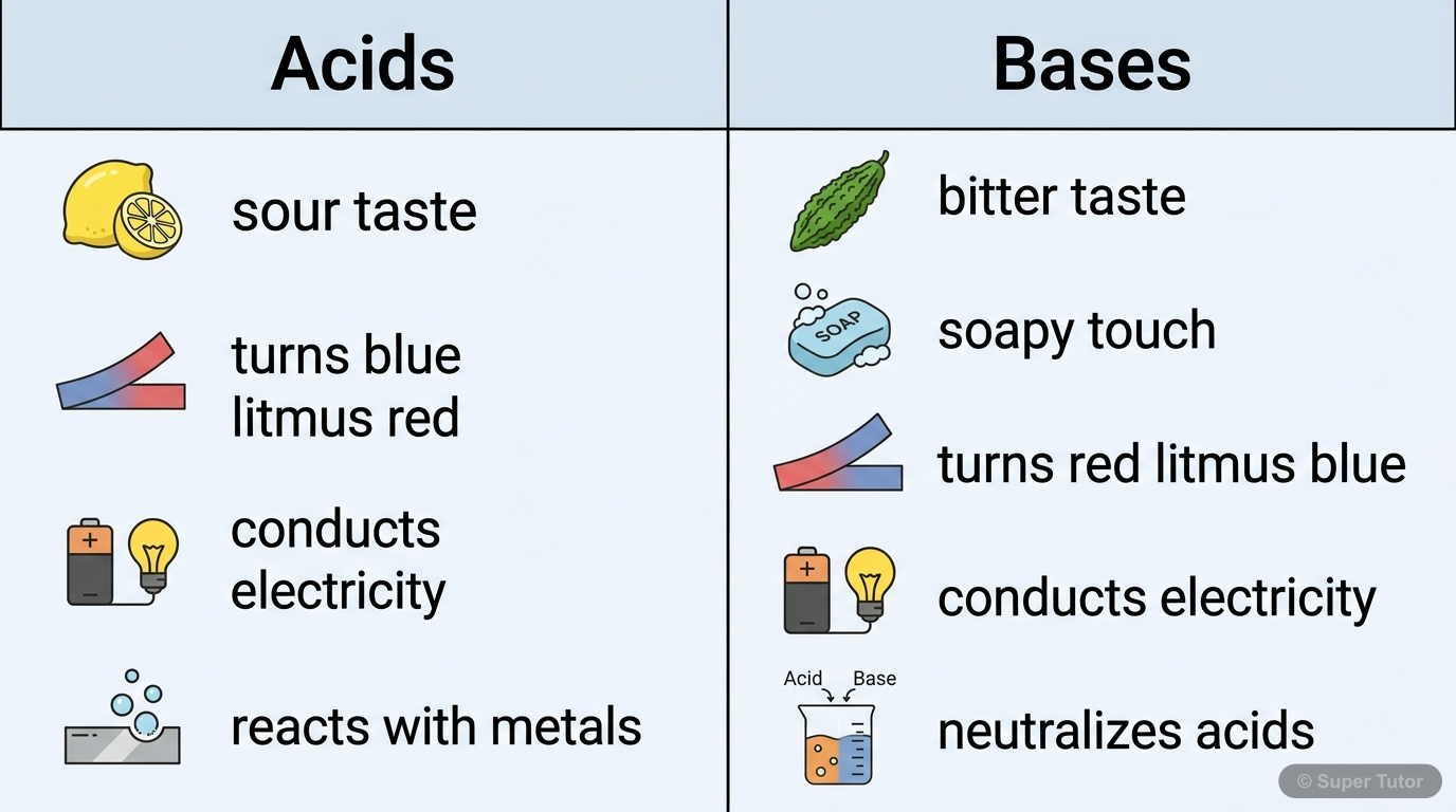Properties of Acids and Bases A comparison chart illustrating the key physical and chemical properties of acids and bases, including taste, touch, effect on litmus, electrical conductivity, and reactions with metals/bases/acids.