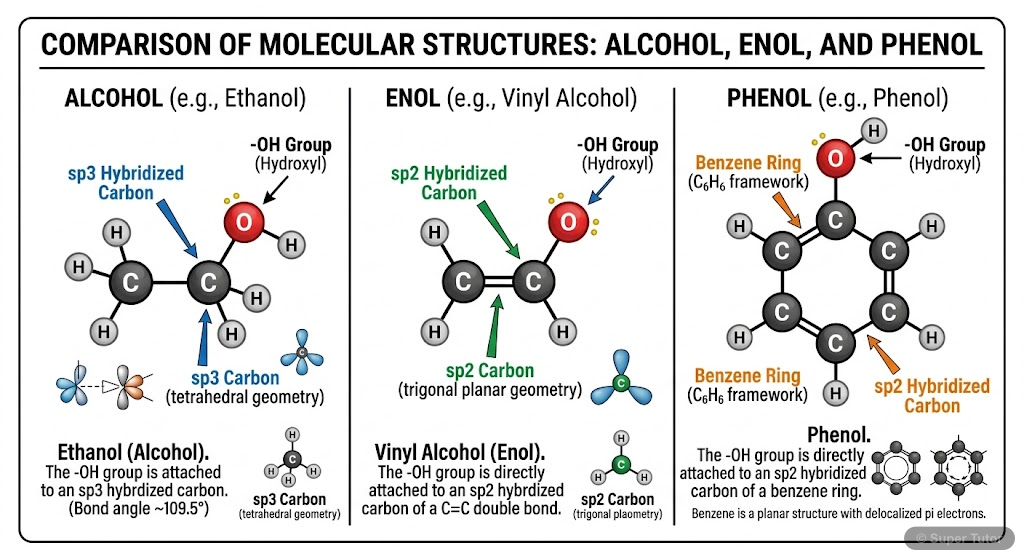 Illustrates the definition of an alcohol by showing a hydroxyl group attached to an sp3 hybridized carbon atom, contrasting it with an enol and a phenol where the hydroxyl group is attached to an sp2 