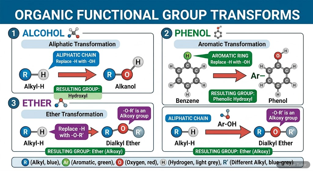A diagram illustrating the general structural formulas of alcohols, phenols, and ethers, showing how they are derived from hydrocarbons by replacing hydrogen atoms with -OH, -OAr, or -OR groups. Clear