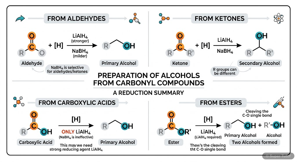 An infographic summarizing the preparation of primary, secondary, and tertiary alcohols from aldehydes, ketones, carboxylic acids, and esters using various reducing agents (H2/metal, LiAlH4, NaBH4).