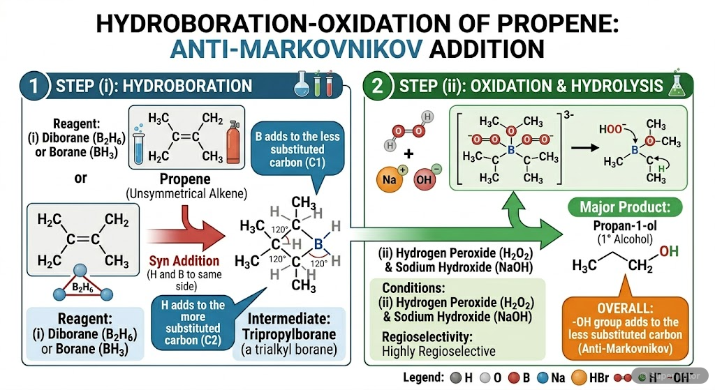 A reaction scheme showing the hydroboration-oxidation of an alkene (e.g., propene) to form an alcohol, highlighting the anti-Markownikov addition.