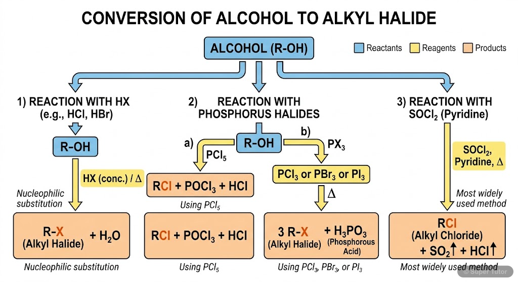 A flowchart showing different methods to convert alcohols into alkyl halides using various reagents like hydrogen halides, phosphorus halides, and thionyl chloride.