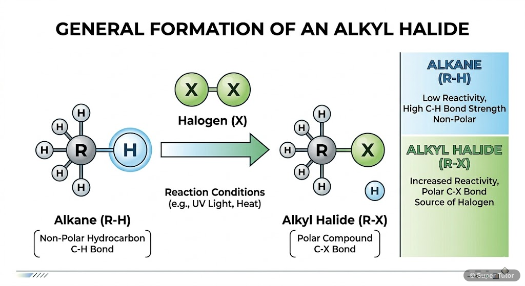 Formation of Alkyl Halides Illustrates the general process of forming an alkyl halide by replacing a hydrogen atom in an alkane with a halogen atom.
