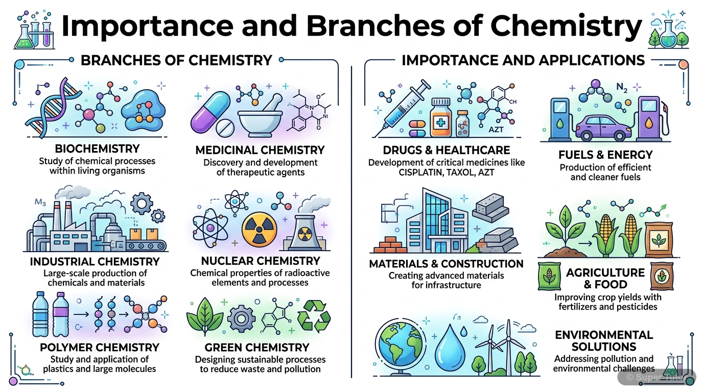 An infographic illustrating the diverse branches of chemistry (e.g., biochemistry, medicinal chemistry, industrial chemistry, nuclear chemistry, polymer chemistry, green chemistry) and its application