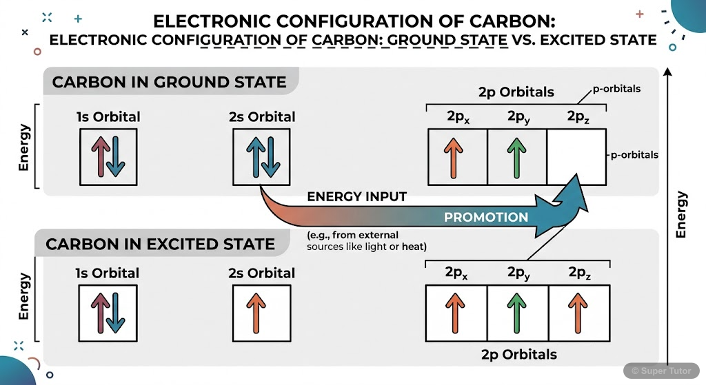 A diagram illustrating the electronic configuration of carbon in its ground state and excited state, showing the promotion of a 2s electron to a 2p orbital to explain tetravalency.
