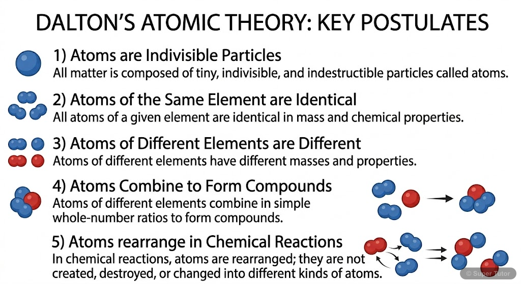 An infographic summarizing the key postulates of Dalton's Atomic Theory, which laid the foundation for modern chemistry.