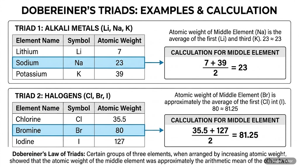 Dobereiner's Triads Examples A diagram illustrating Dobereiner's Triads, showing three elements with similar properties, where the atomic weight of the middle element is approximately the arithmetic mean of the other two. Example