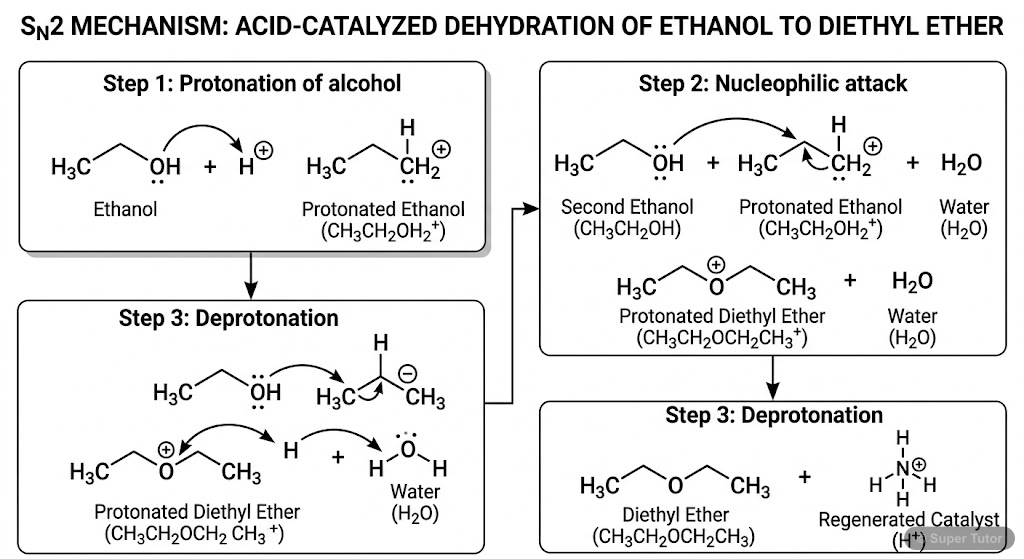 Mechanism of Ether Formation by Dehydration of Alcohols A step-by-step flowchart illustrating the SN2 mechanism for the formation of simple ethers from primary alcohols by acid-catalysed dehydration, showing protonation, nucleophilic attack, and deprotonat