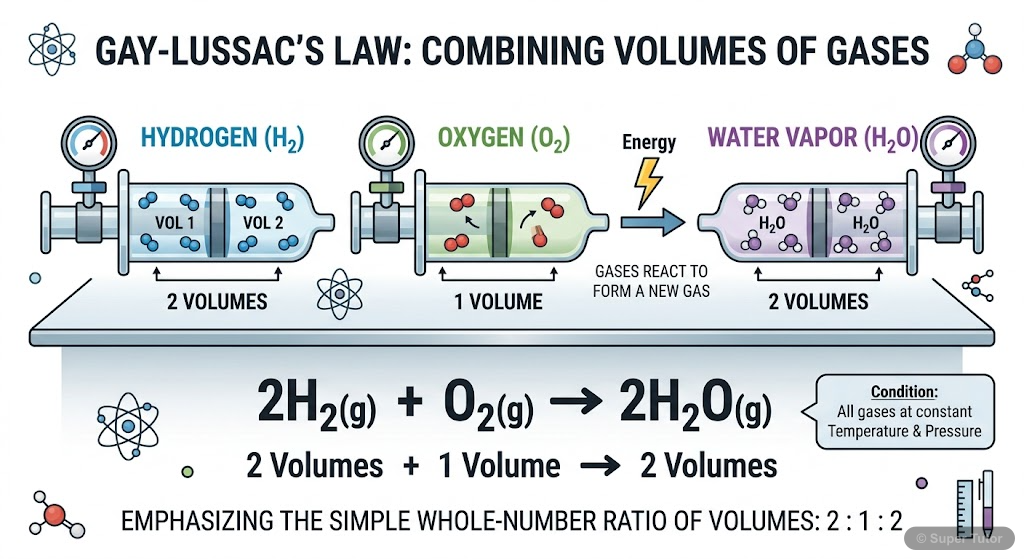 An illustration demonstrating Gay-Lussac's Law of Gaseous Volumes, showing that when gases react, they do so in volumes that bear a simple whole-number ratio to one another and to the volumes of the g