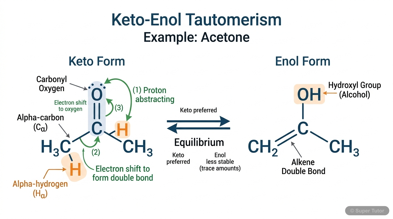 A diagram showing the equilibrium between the keto and enol forms of a carbonyl compound, illustrating the movement of a proton and electrons.