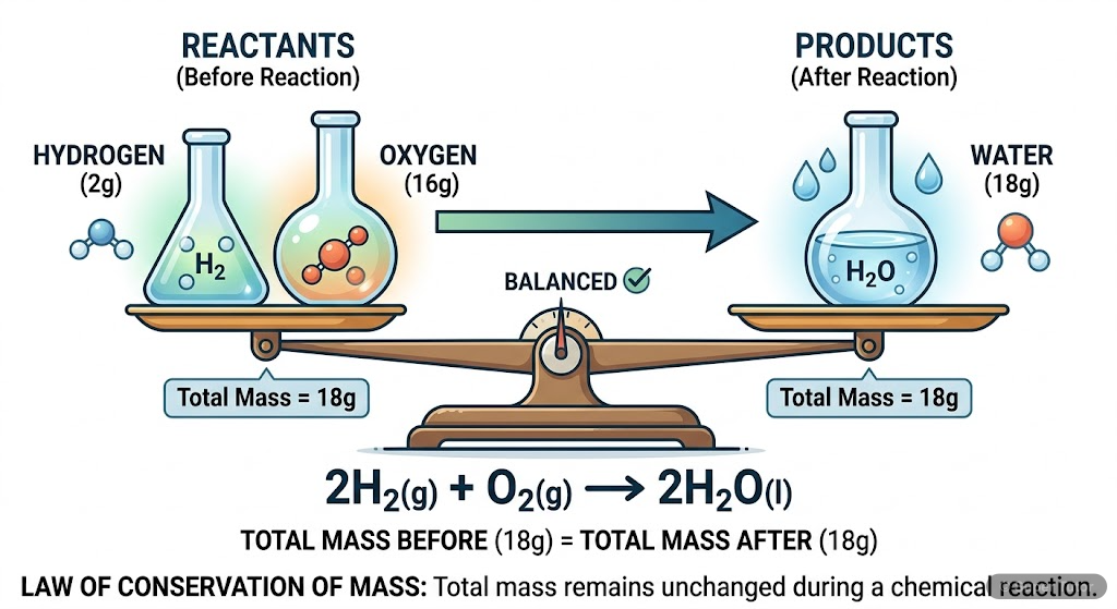 Law of Conservation of Mass An illustration demonstrating the Law of Conservation of Mass using a simple chemical reaction, showing that the total mass of reactants equals the total mass of products.