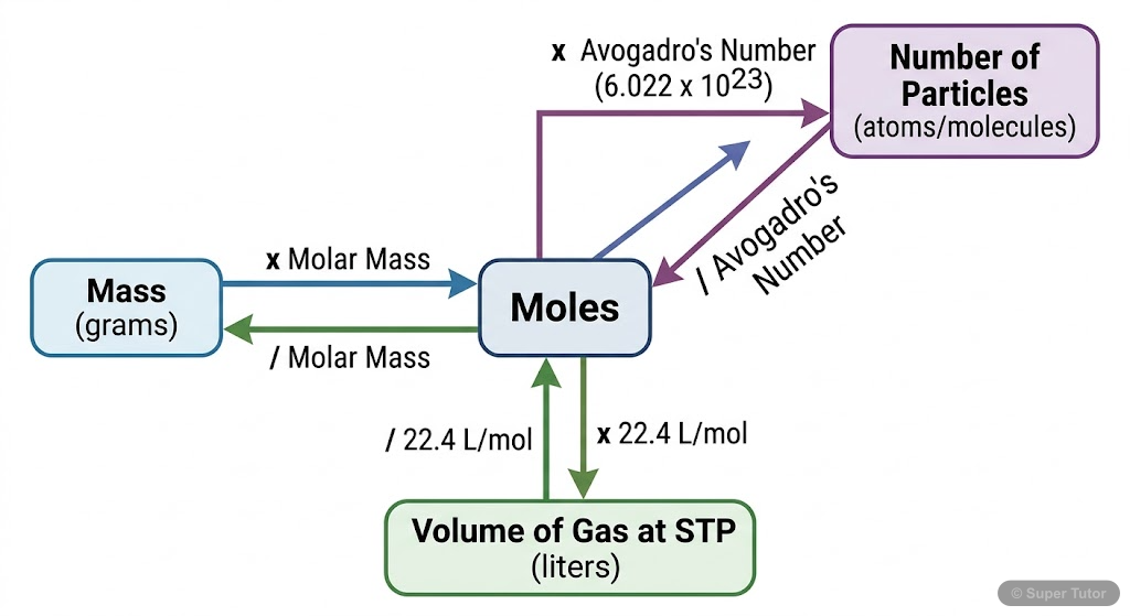 Mole Concept: Interrelationships A comprehensive flowchart illustrating the relationships between moles, mass, number of particles (atoms/molecules), and volume of gas at STP, along with the conversion factors.