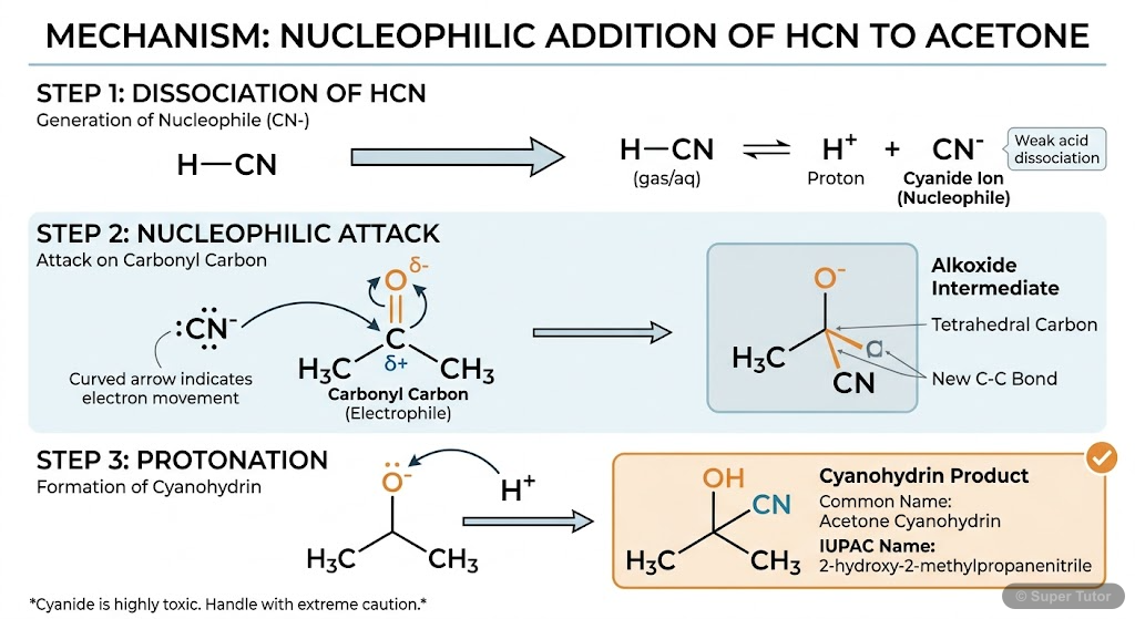 Nucleophilic Addition to Carbonyl Compounds A step-by-step mechanism illustrating the nucleophilic addition of HCN to a carbonyl compound (e.g., acetone), showing the polarization of the C=O bond and the attack of the nucleophile.