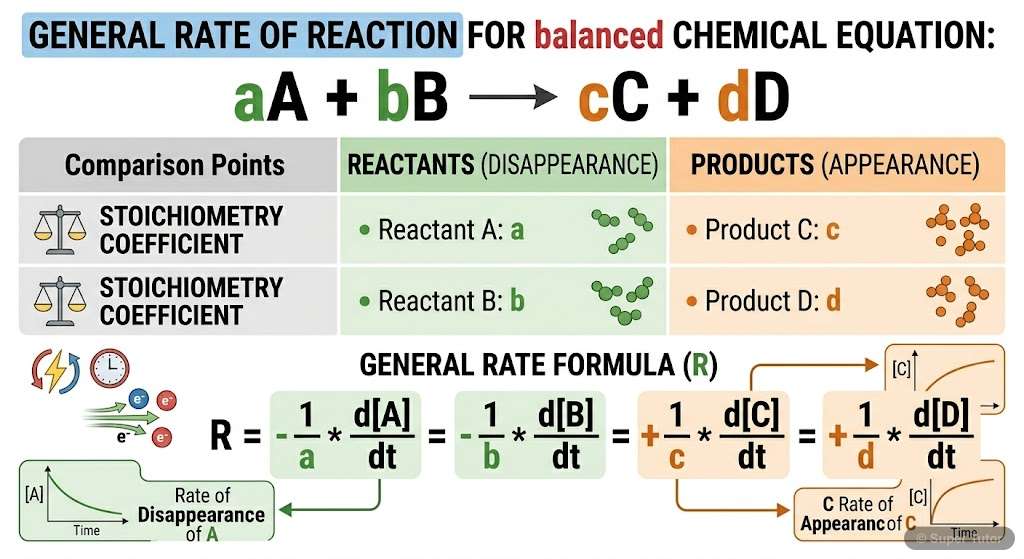A diagram showing how the rate of reaction is expressed in terms of the change in concentration of reactants and products over time, incorporating stoichiometric coefficients.
