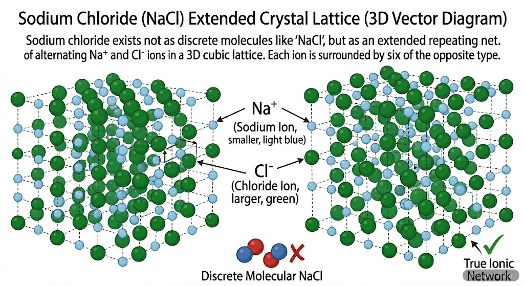 A 3D representation of the crystal lattice structure of sodium chloride (NaCl), showing the alternating arrangement of sodium and chloride ions in a cubic unit cell.