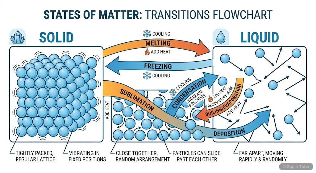 A flowchart illustrating the processes by which matter changes from one state to another (solid, liquid, gas) and the conditions (temperature, pressure) that facilitate these changes.